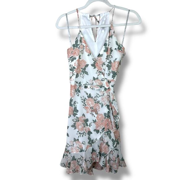 Lovers + Friends x Revolve NWOT Pink Floral Flutter Wrap Tie Mini Dress Small - Picture 2 of 9
